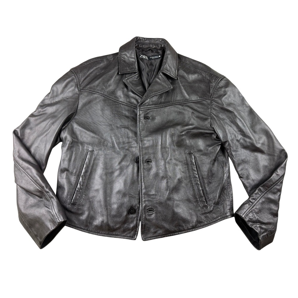 Zara Leather Jacket Men S-M Black Regular Fit Button Front Biker Streetwear Edgy